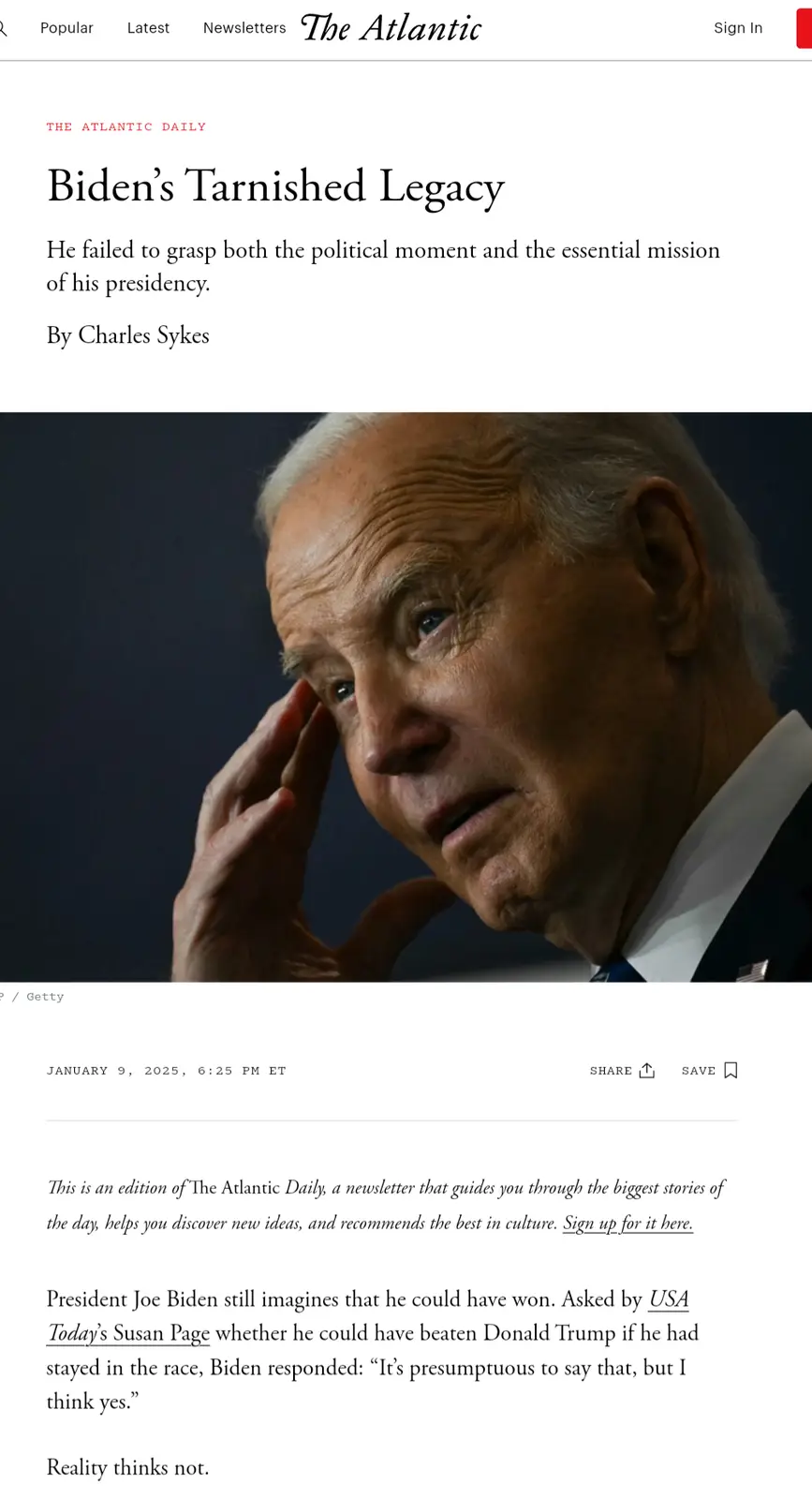 The image shows a screenshot of a The Atlantic Daily article titled 'Biden's Tarnished Legacy' by Charles Sykes, featuring a…