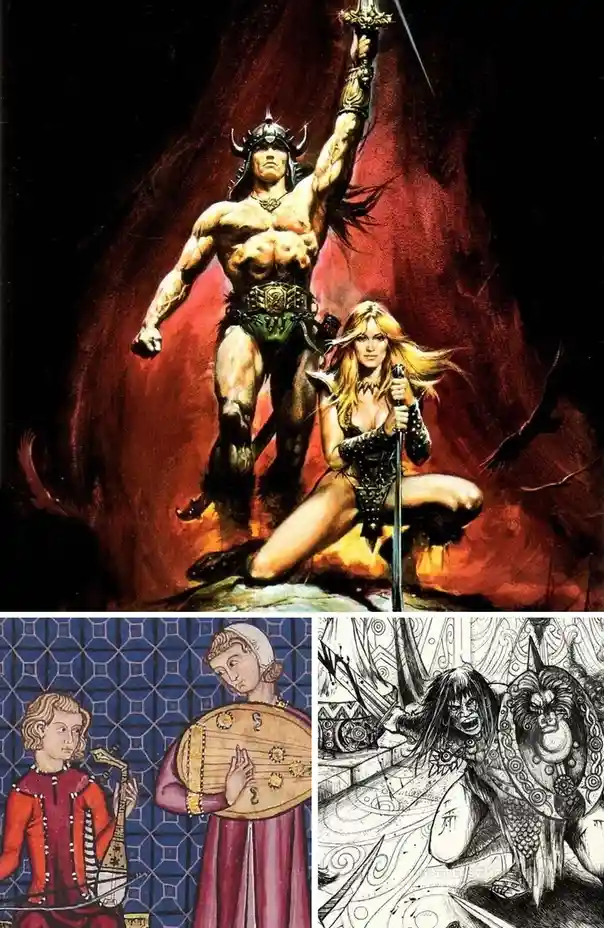 A composite image featuring a top panel of the muscular, horned warrior Conan the Barbarian holding a sword, standing beside…