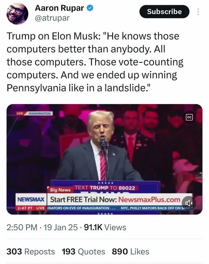 A screenshot of a YouTube video by Aaron Rupar shows Donald Trump speaking at a podium with a Newsmax banner. The overlaid…