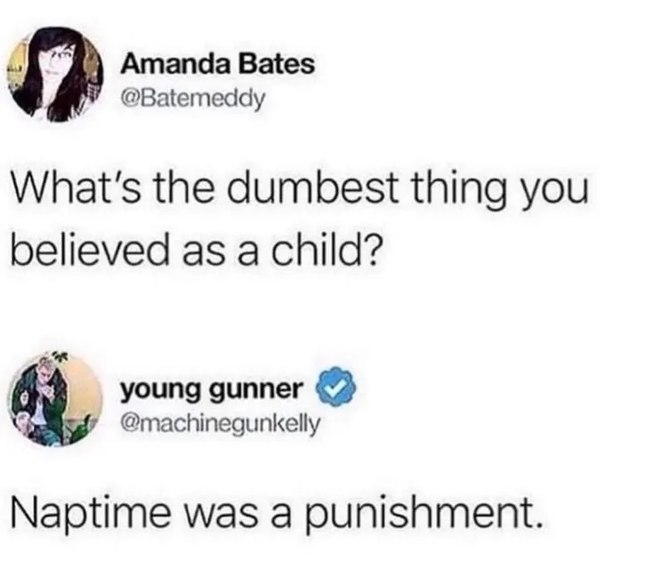 A screenshot of a Twitter thread shows Amanda Bates asking 'What's the dumbest thing you believed as a child?' and a reply…