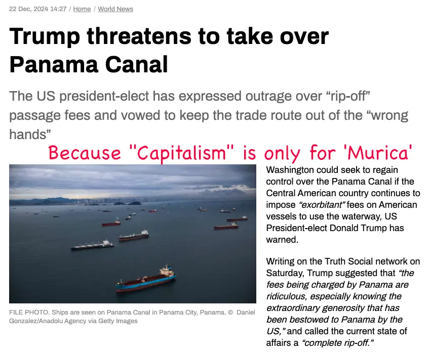 A screenshot of a news article about Trump threatening to take over the Panama Canal due to high fees, overlaid with red…