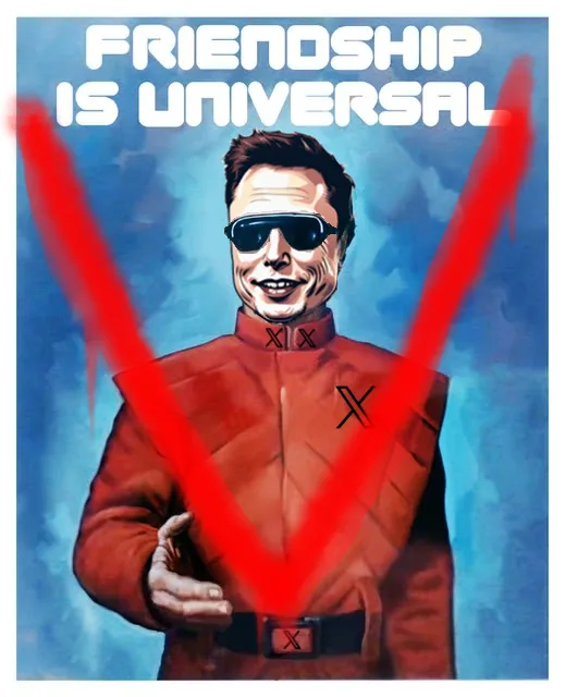 A stylized image of Elon Musk wearing sunglasses and a red uniform with an 'X' emblem, set against a blue background. A…