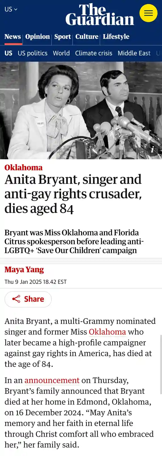 A screenshot of a The Guardian news article about Anita Bryant's death at 84, featuring a black-and-white photo of her…