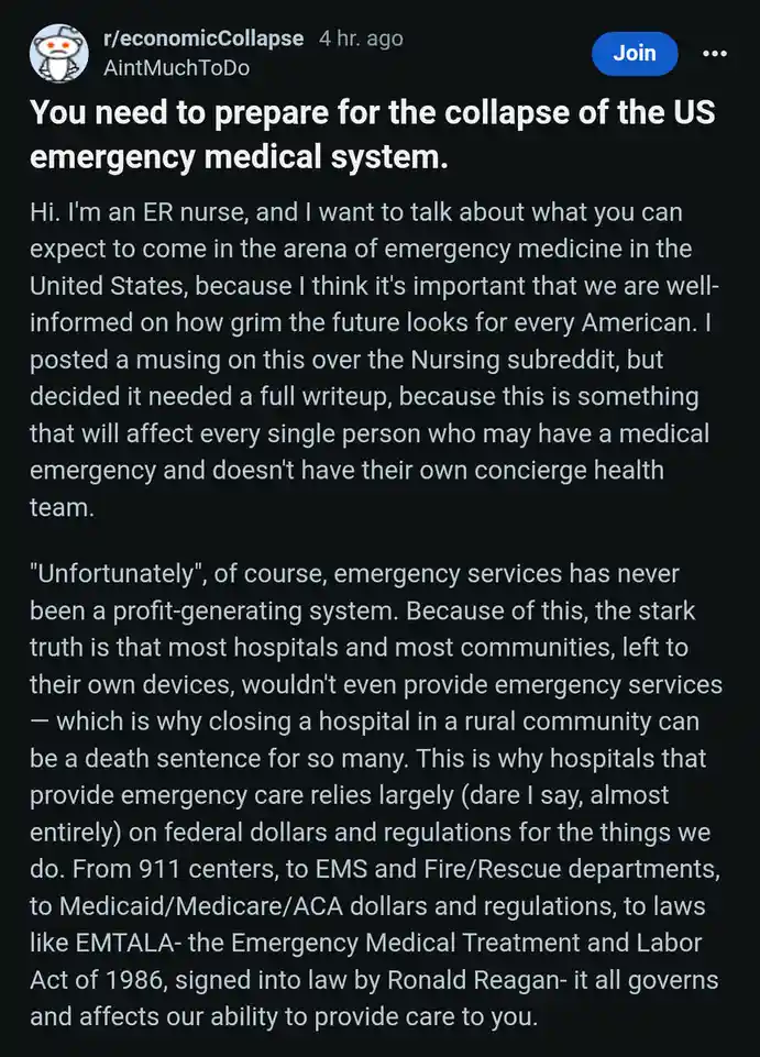 A screenshot of a Reddit post from r/economicCollapse, showing a user named AintMuchToDo who identifies as an ER nurse. The…