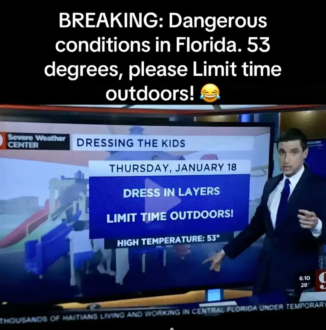 A news anchor points to a weather graphic that reads 'DRESSING THE KIDS' and 'HIGH TEMPERATURE: 53°' with advice to 'DRESS…