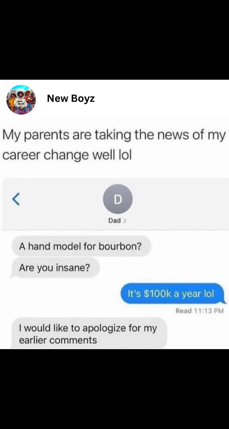 A screenshot of a text conversation where the sender announces a career change, their dad initially reacts with shock and…