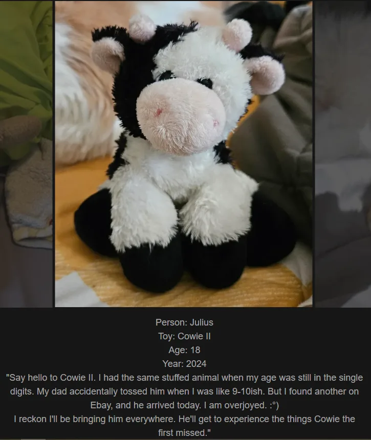 A plush black-and-white cow toy sits on a wooden surface, with text overlaid describing it as 'Cowie II' owned by a…