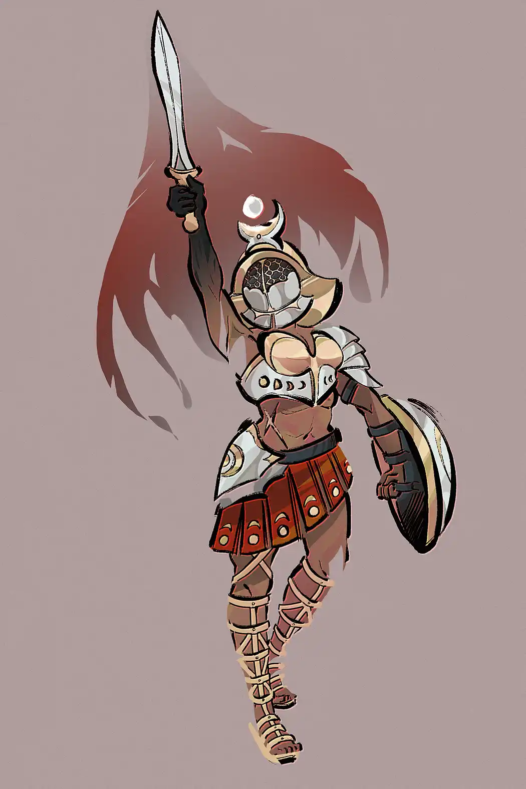 An illustration of a female warrior in ornate armor, holding a sword aloft in one hand and a shield in the other, with a…