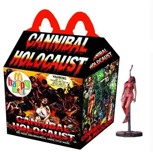 A McDonald's Happy Meal box is redesigned with the title 'CANNIBAL HOLOCAUST' in large, bloody font, featuring violent…