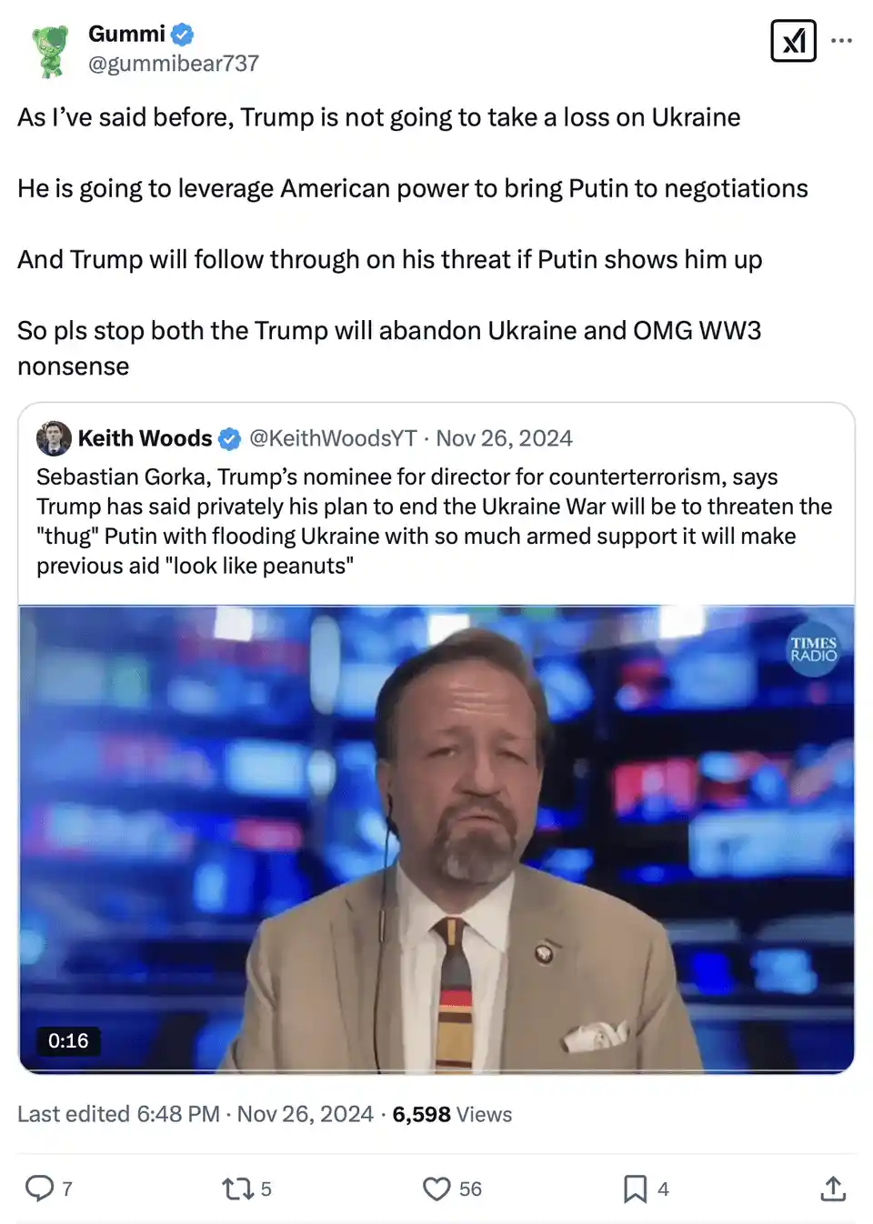 A screenshot of a tweet by Keith Woods, featuring a video clip of Sebastian Gorka speaking on Times Radio. The tweet text…