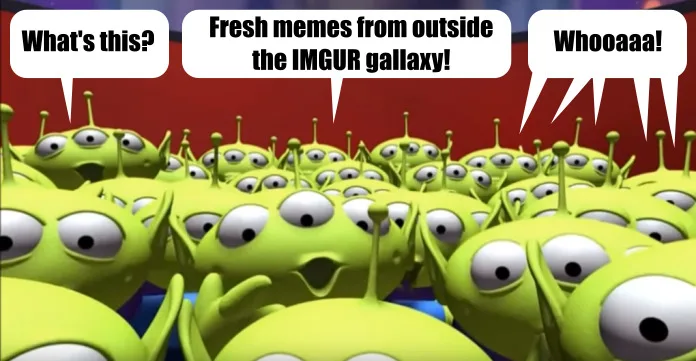 A crowd of green, three-eyed aliens from Toy Story are shown with speech bubbles. One alien asks 'What's this?', another…