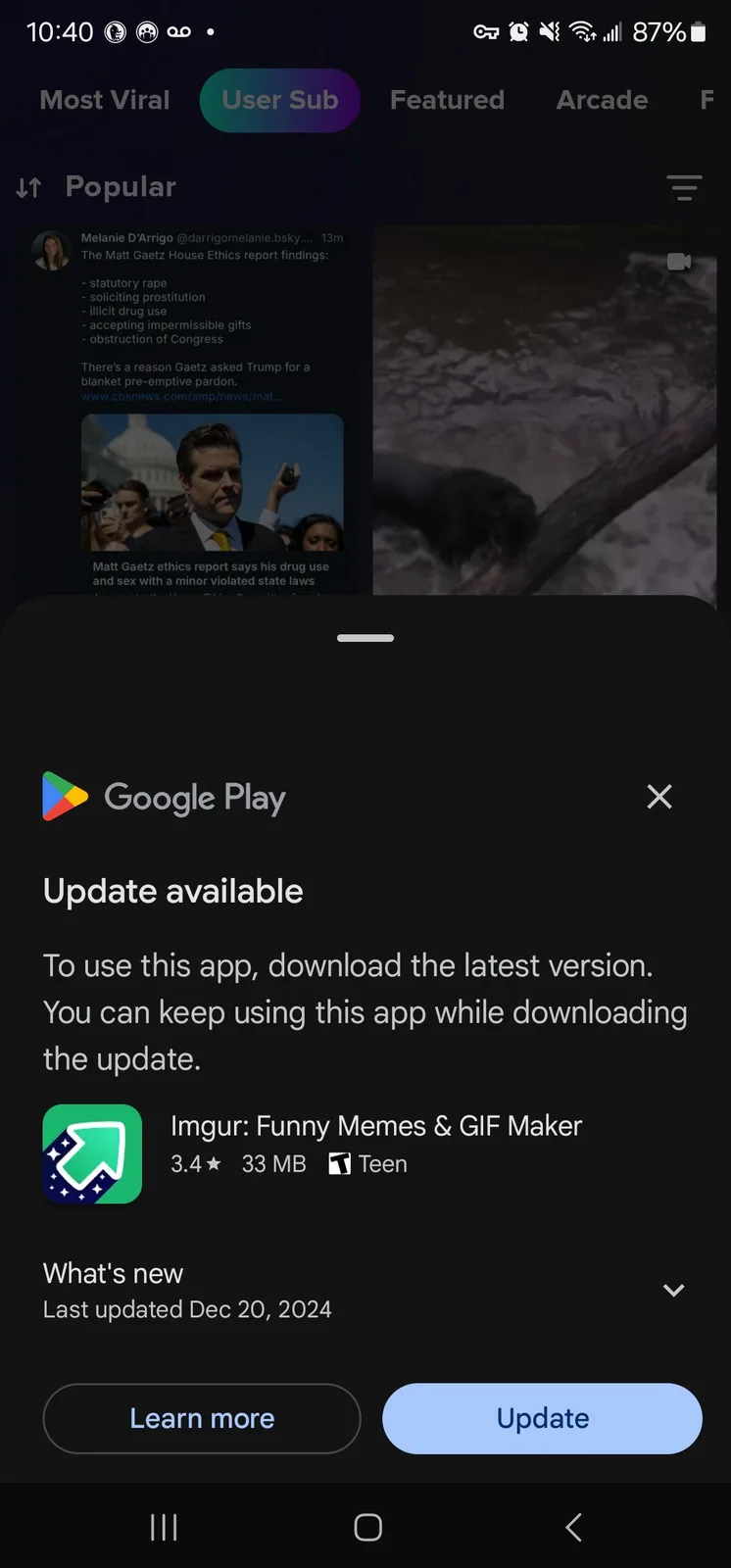 A screenshot of a Google Play update notification for the Imgur app, which says an update is available and shows the app's…