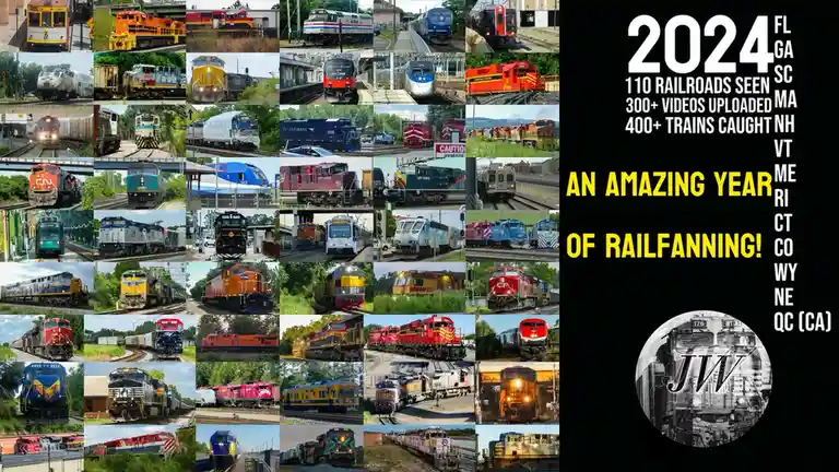 A collage of numerous photographs of various colorful locomotives and trains on tracks, arranged in a grid. Overlaid text on…