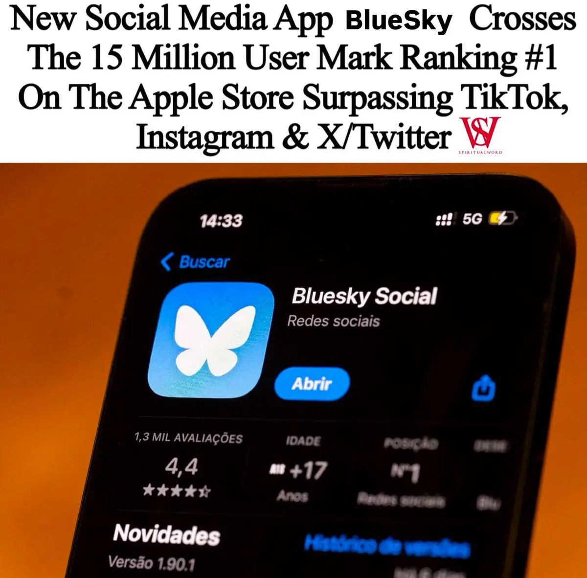A smartphone screen shows the Bluesky Social app in the Apple App Store, displaying a 4.4-star rating, +17 age rating, and…