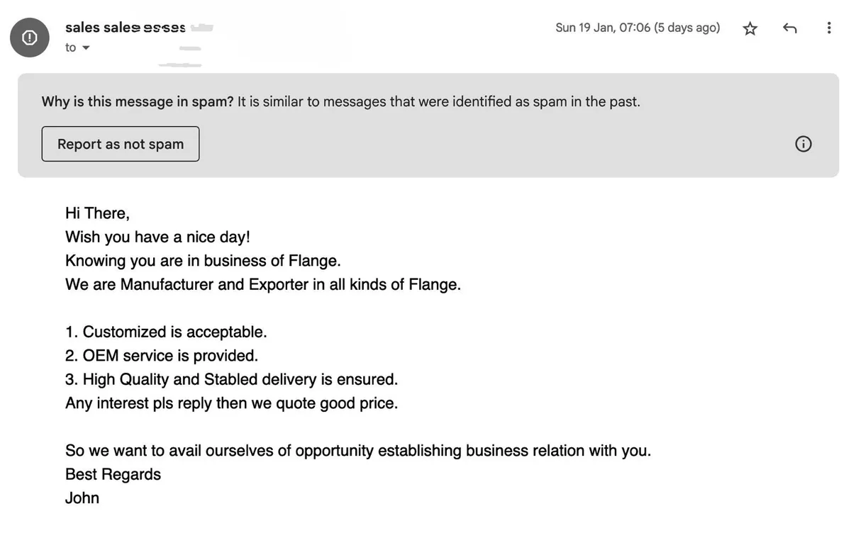 A screenshot of an email from 'sales sales esses' that was flagged as spam by Gmail, with a banner explaining why. The…