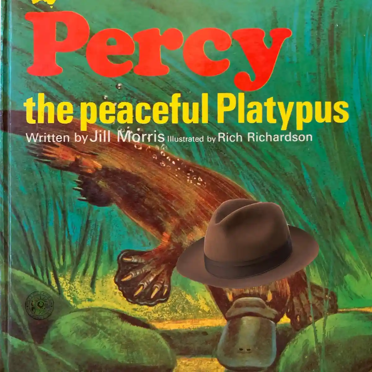 The cover of a children's book titled 'Percy the peaceful Platypus' by Jill Morris and Rich Richardson shows a platypus…