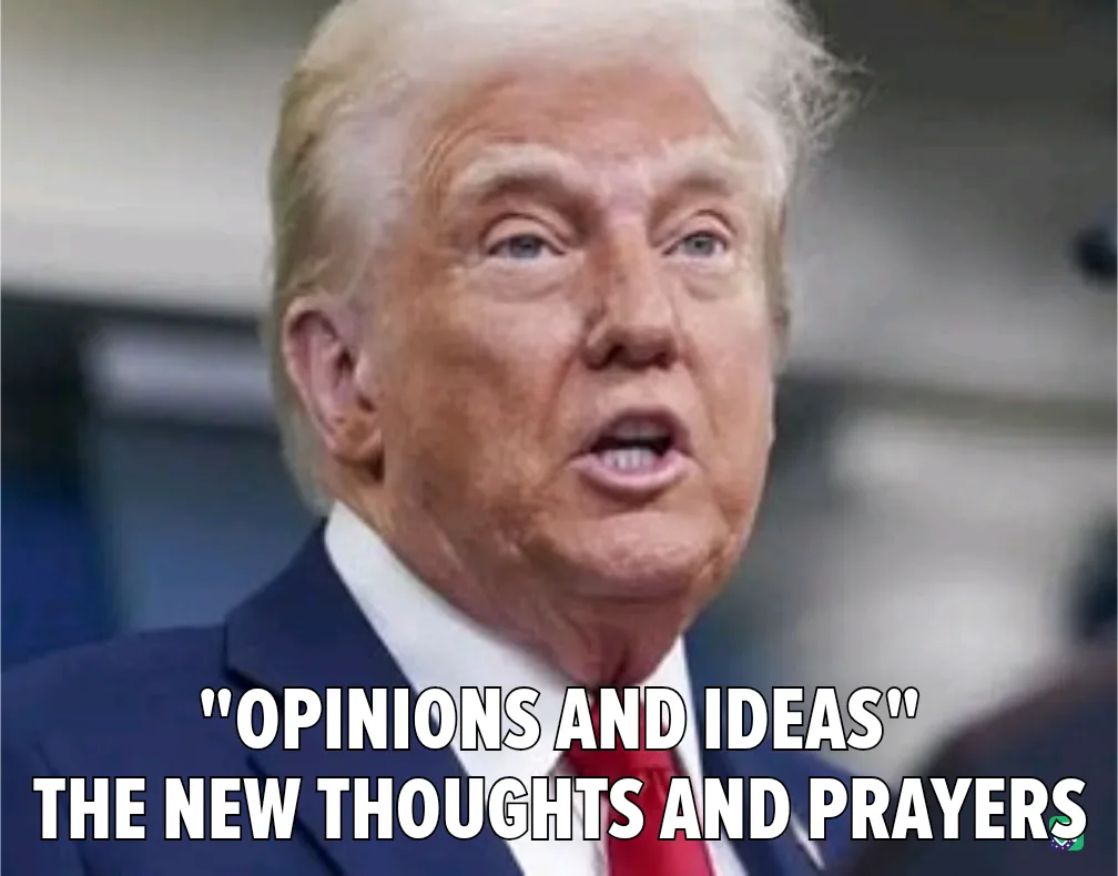 A close-up photo of Donald Trump mid-speech, wearing a dark suit and red tie, with white text overlaid at the bottom reading…