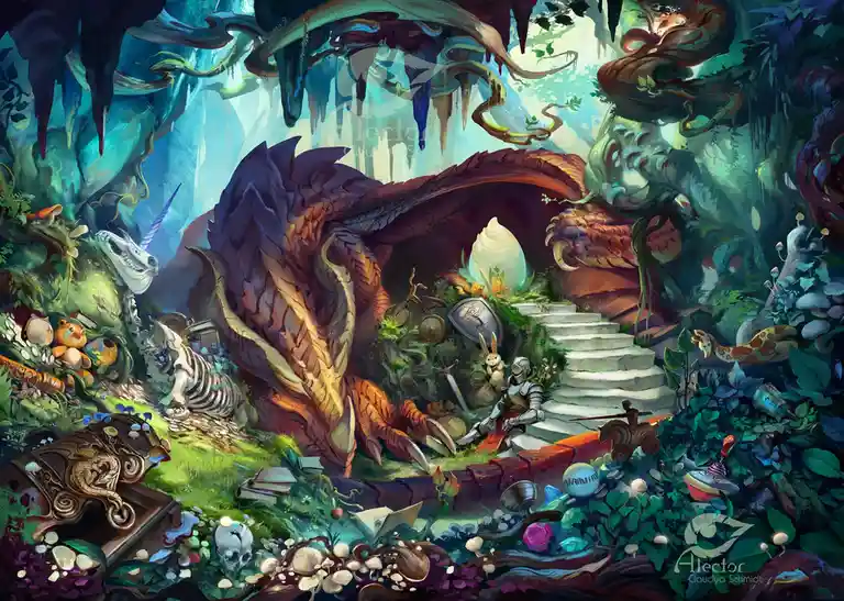 A fantasy illustration depicts a large, sleeping dragon curled around a cave entrance, with a knight in armor sitting calmly…
