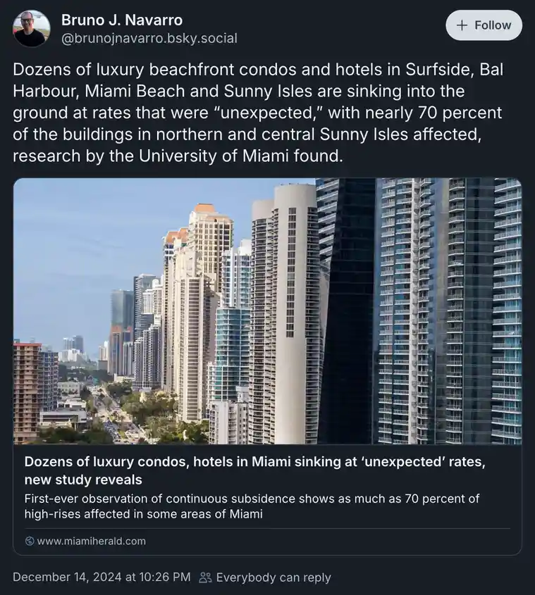 A screenshot of a social media post showing a photo of Miami's high-rise buildings with overlaid text reporting that dozens…