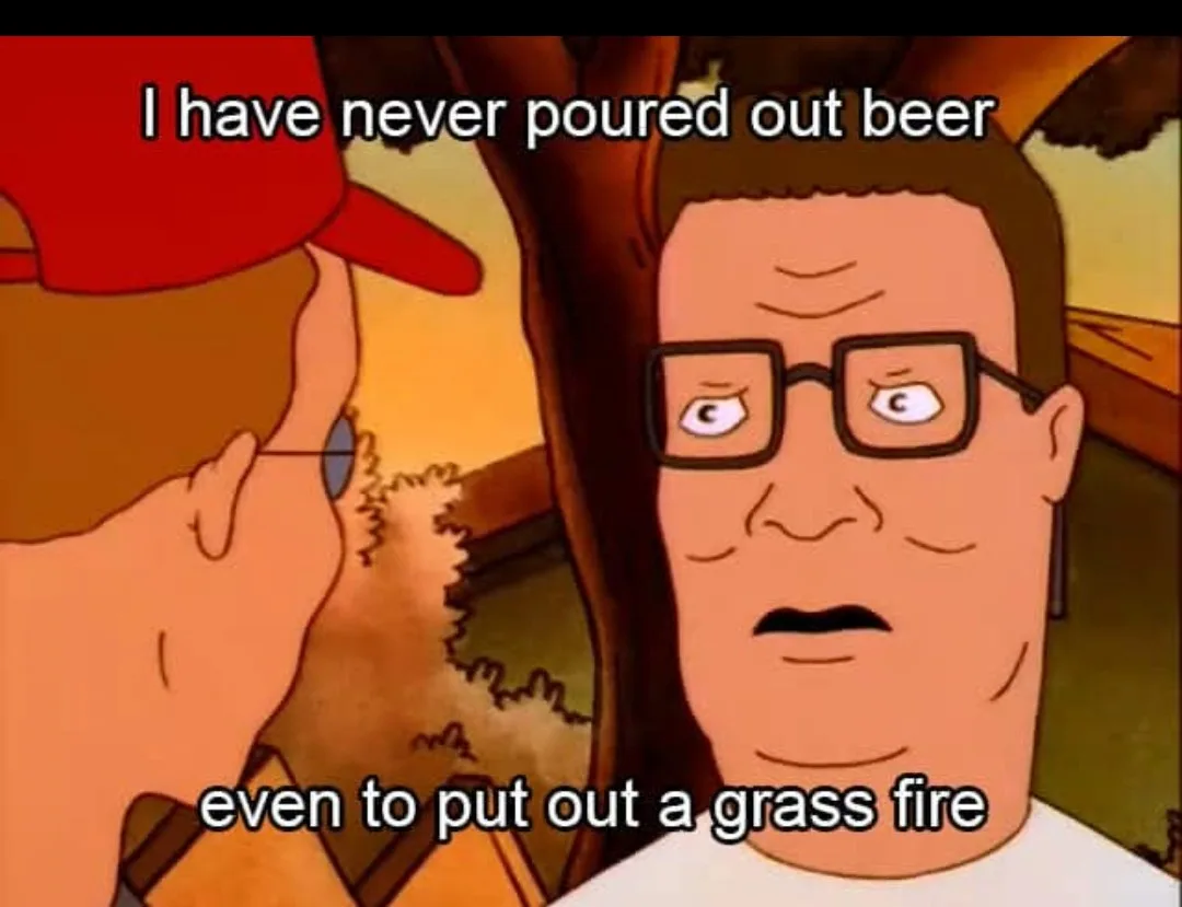 A cartoon image shows two characters from the show 'King of the Hill'. One character, wearing a red cap and seen in profile…