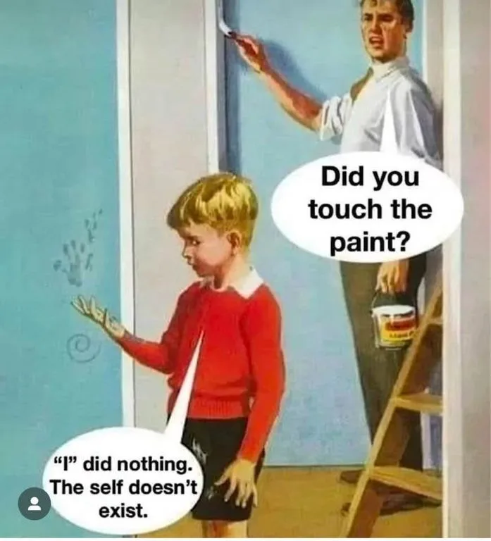A vintage-style illustration shows a man on a ladder painting a wall, angrily asking a young boy with paint smudges on his…