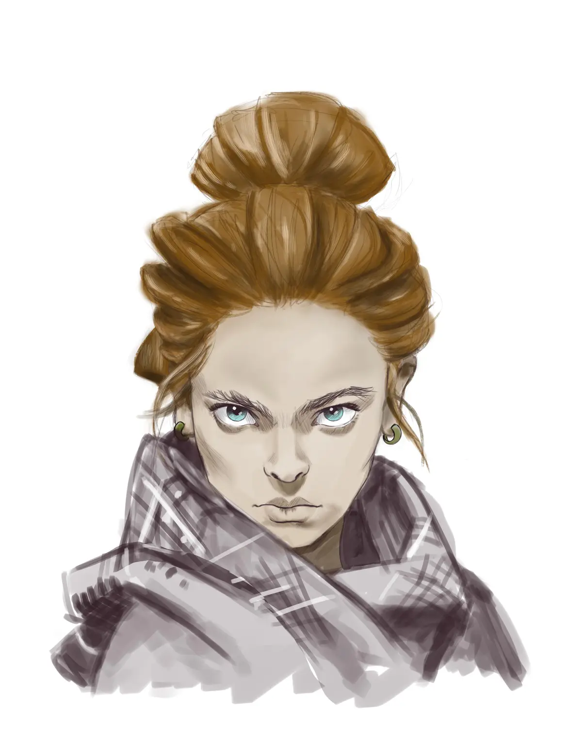 A digital illustration of a woman with brown hair in a messy bun, intense blue eyes, and green hoop earrings, wearing a…
