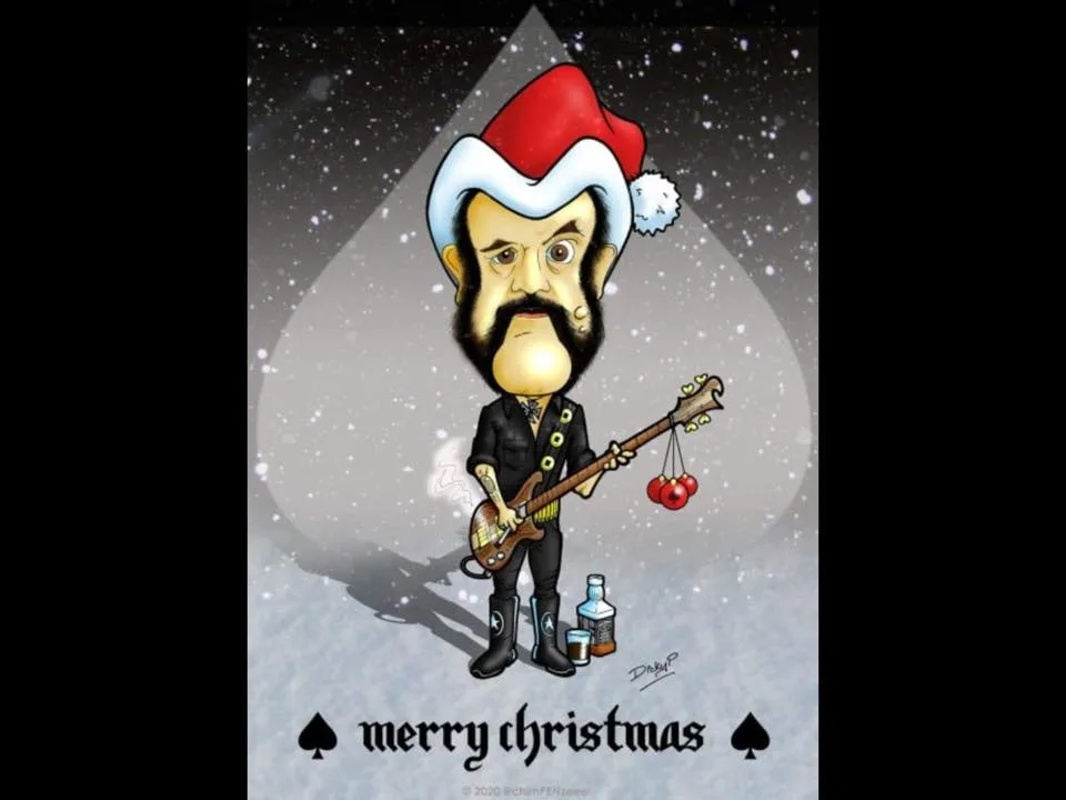 A cartoon caricature of a man with a large beard and mustache wearing a red and white Santa hat, holding a bass guitar with…