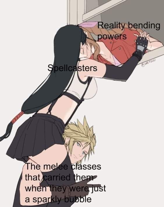 An anime-style image shows a female character with long black hair and a black outfit, labeled 'Spellcasters,' leaning over…