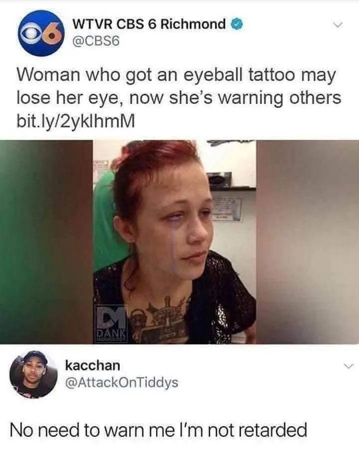 A screenshot of a tweet from WTVR CBS 6 Richmond shows a woman with red hair and visible tattoos, her left eye visibly…