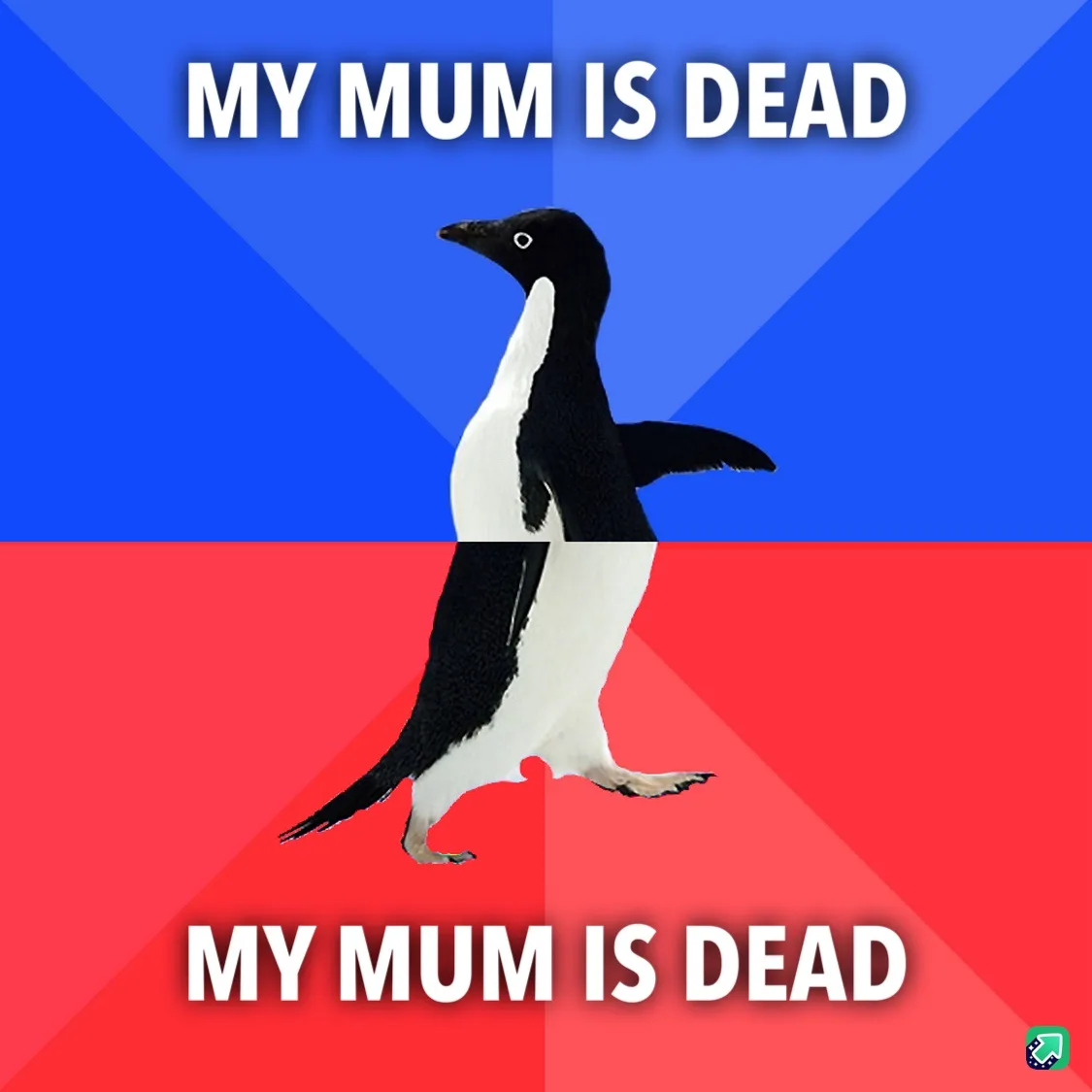 A penguin stands centered against a blue and red background, with the text 'MY MUM IS DEAD' repeated in white bold font at…