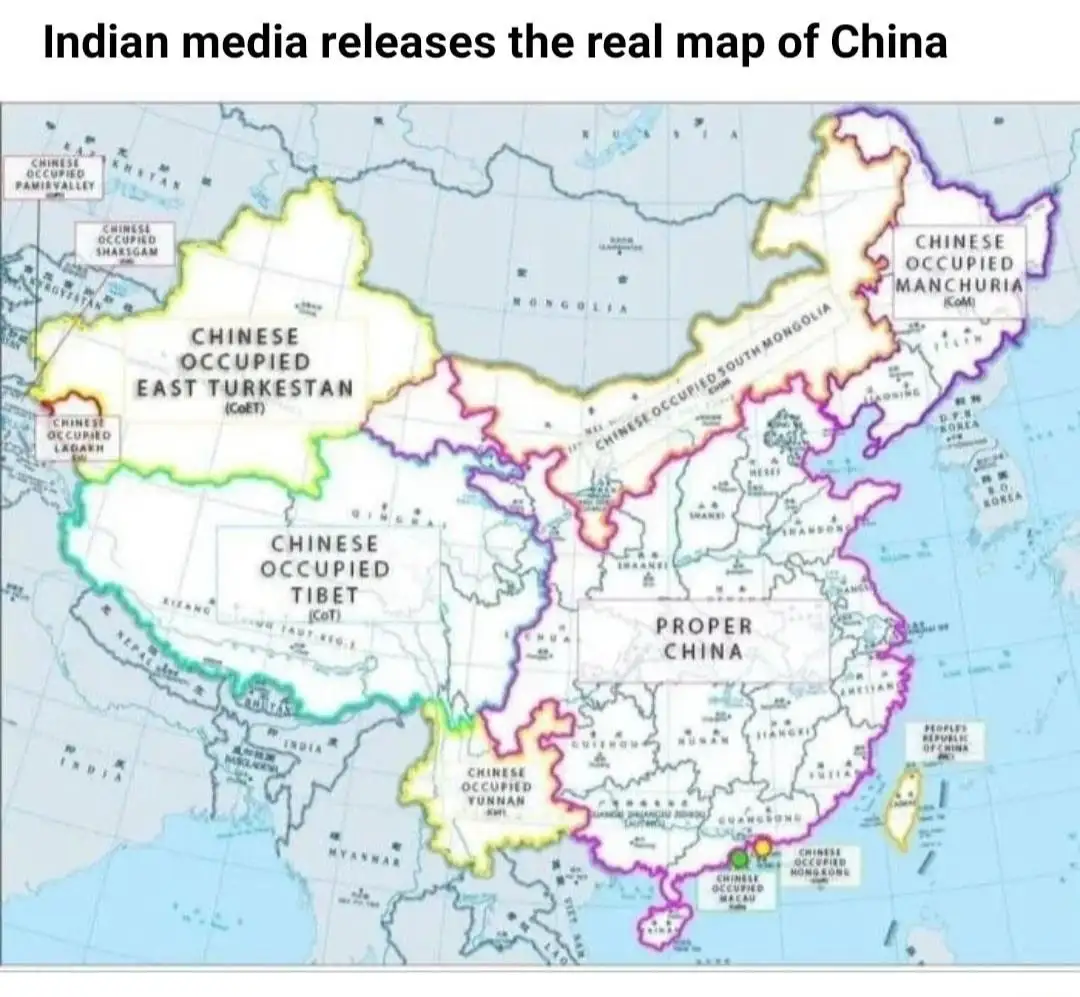 A map of China is overlaid with labels such as 'Chinese Occupied East Turkestan', 'Chinese Occupied Tibet', and 'Proper…