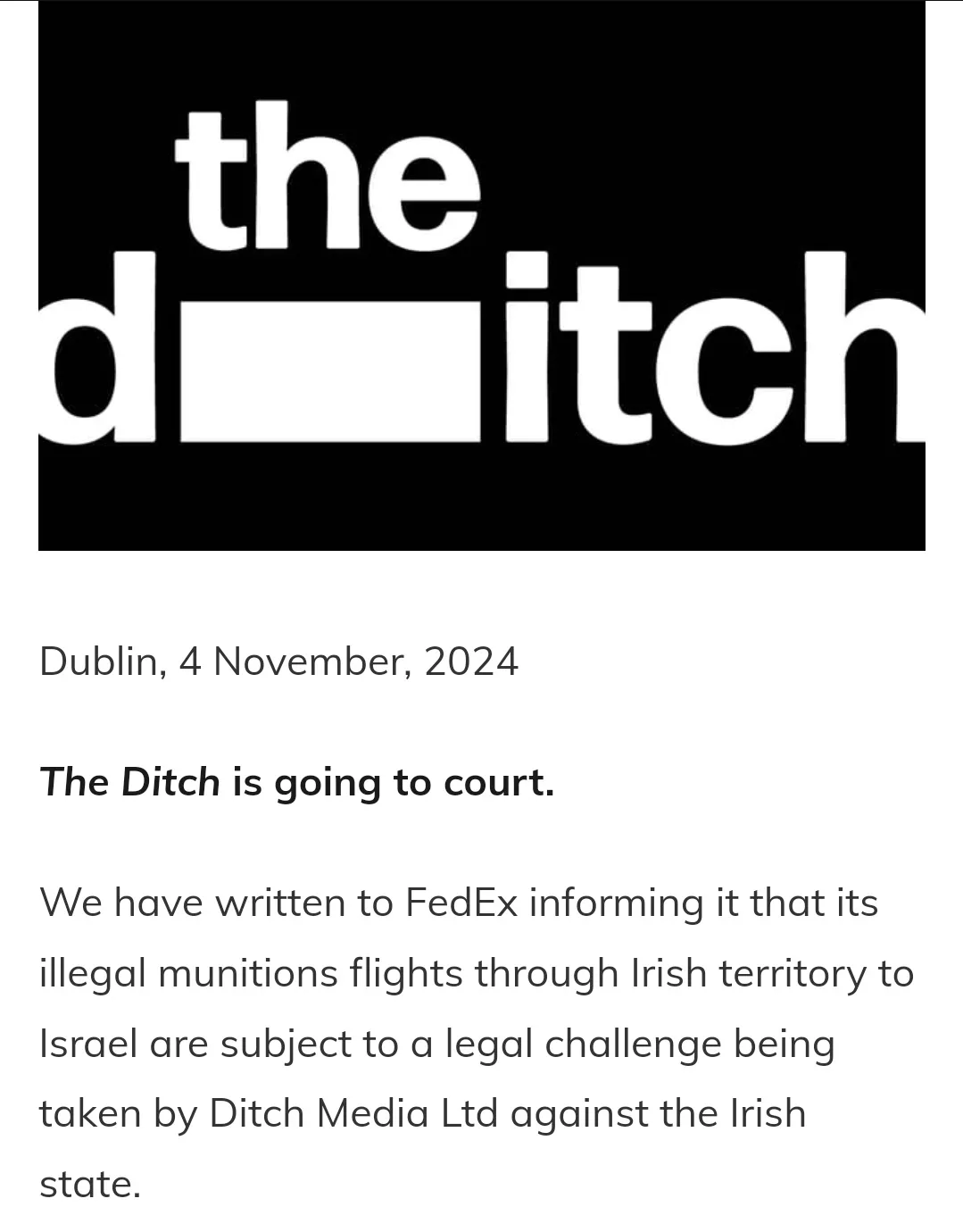 A black-and-white image mimicking a press release, featuring the logo 'the ditch' with a blanked-out letter, followed by…