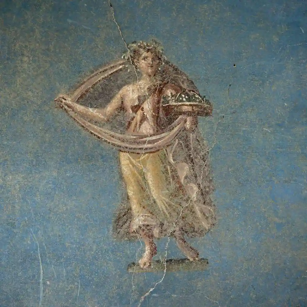 An ancient Roman fresco depicts a female figure, possibly a goddess or servant, holding a large, curved object resembling a…