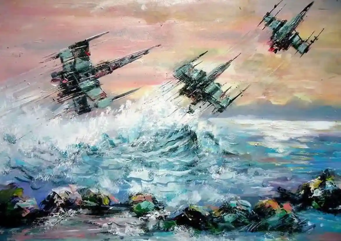 A painting depicts three futuristic, angular spacecraft flying low over a turbulent, wave-filled ocean under a pink and…