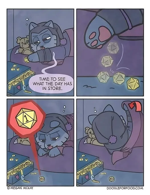 A four-panel comic strip shows a blue cat in a sleeping bag, looking at a treasure chest filled with dice. The cat rolls…