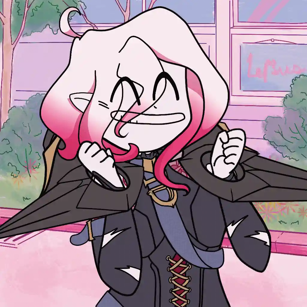 The image displays a grid of six identical panels featuring an anime-style character with white hair, pink highlights, small…