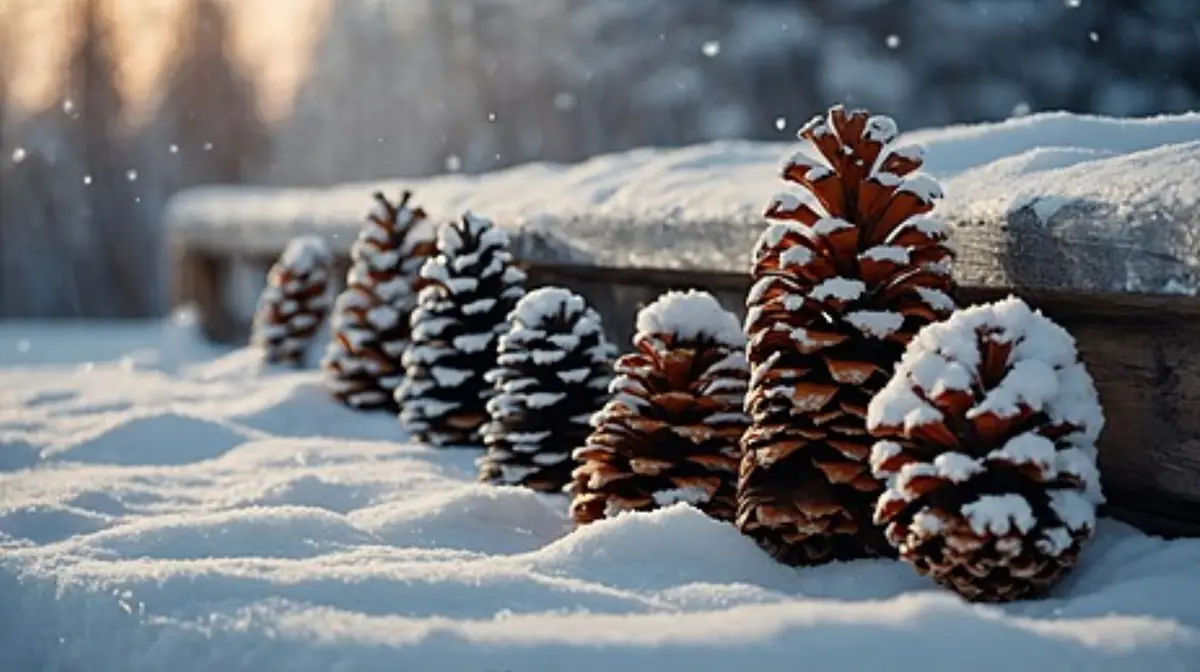 A row of pine cones covered in fresh snow sits on a snowy surface next to a wooden fence, with snowflakes falling in the…