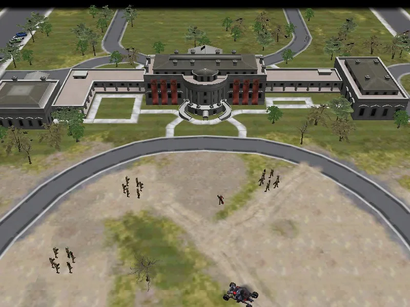 A screenshot from a strategy video game shows a gray, blocky rendering of the White House surrounded by roads and sparse…