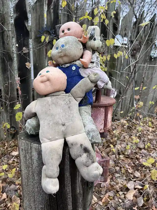 Three weathered, dirty Cabbage Patch Kids dolls are stacked on a wooden post outdoors, surrounded by fallen leaves and a…