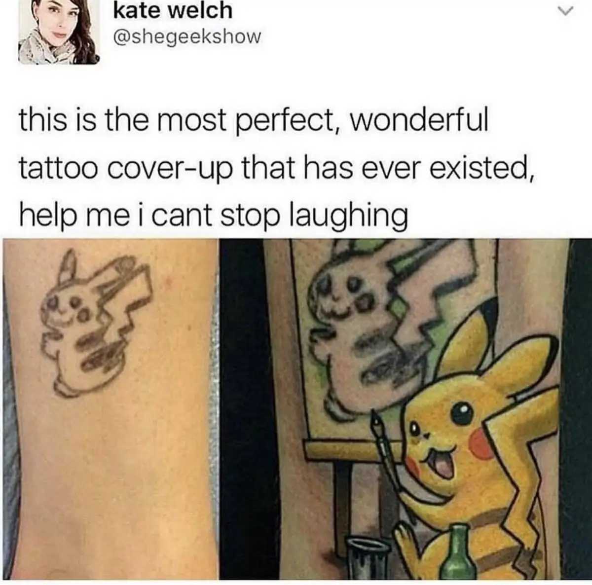 The image displays a side-by-side comparison: on the left, a faded, poorly executed Pikachu tattoo on skin; on the right, a…