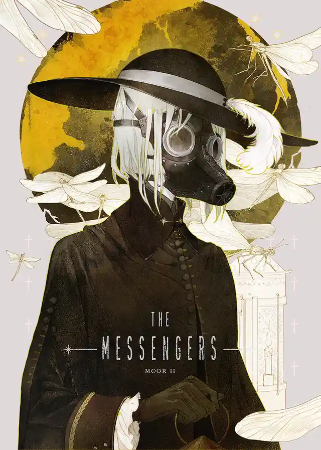 An illustrated character with white hair, wearing a black gas mask and wide-brimmed hat, surrounded by white dragonflies…
