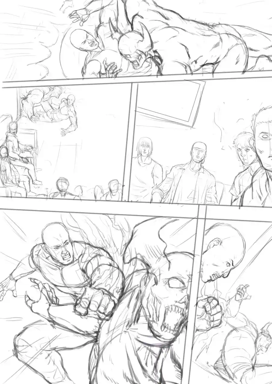 A black-and-white comic sketch showing a bald man fighting a monstrous, horned creature in multiple panels. One panel…