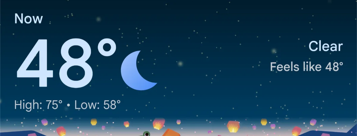 A weather app screenshot shows a current temperature of 48 degrees with a crescent moon icon and clear skies, with the…