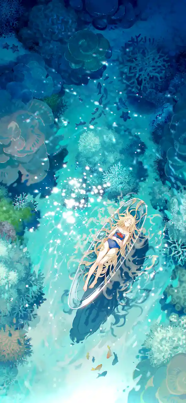 An anime-style illustration shows a blonde woman in a blue swimsuit floating peacefully inside a transparent, oval-shaped…