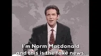 A six-panel image sequence shows comedian Norm Macdonald in a suit and tie, seated at a news desk with a world map…