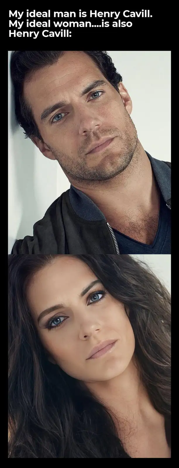 The image displays two separate portrait photos stacked vertically. The top photo shows actor Henry Cavill, a man with dark…