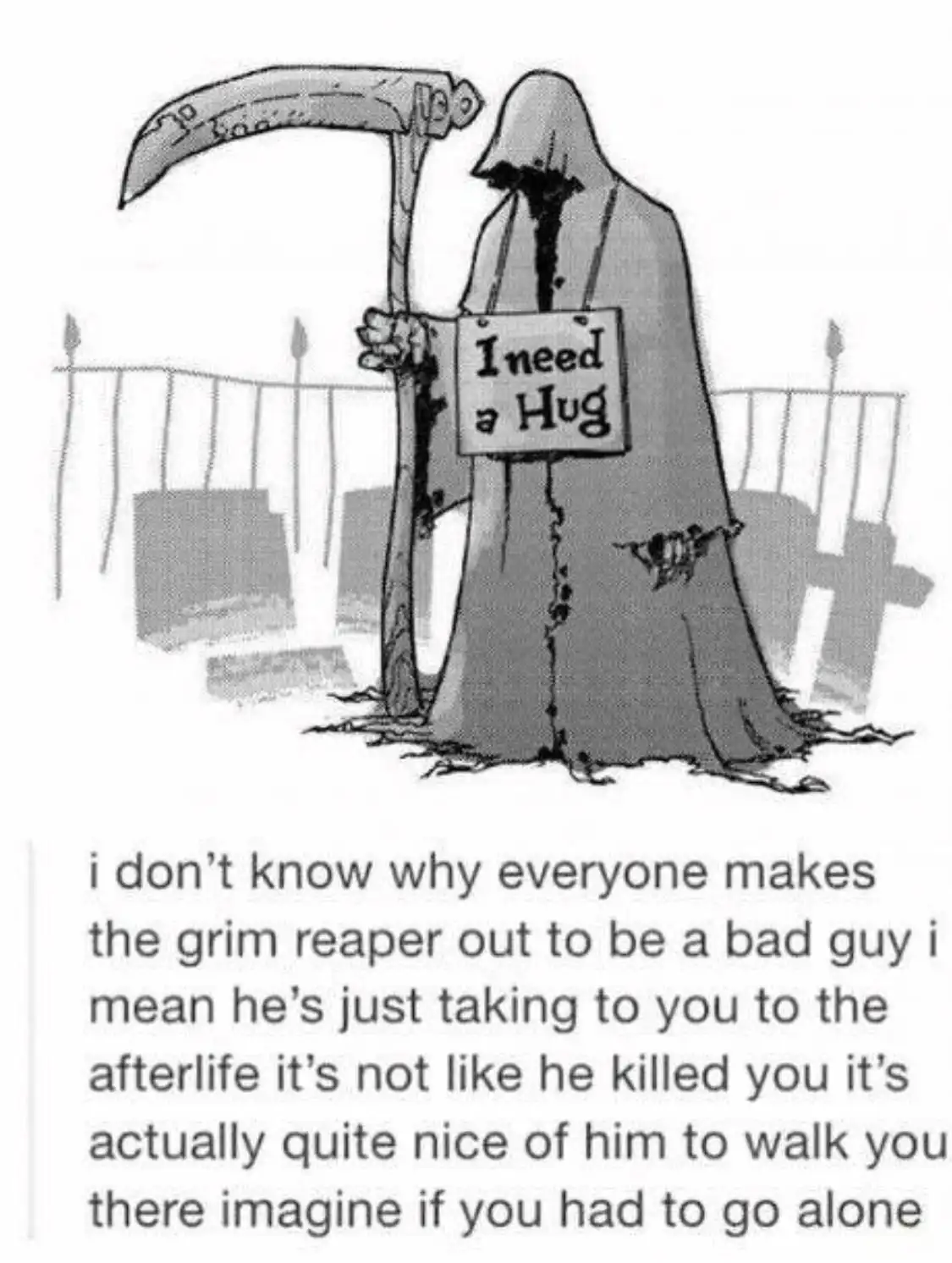 A black-and-white cartoon depicts the grim reaper, a hooded figure holding a scythe, standing in a graveyard. He is holding…