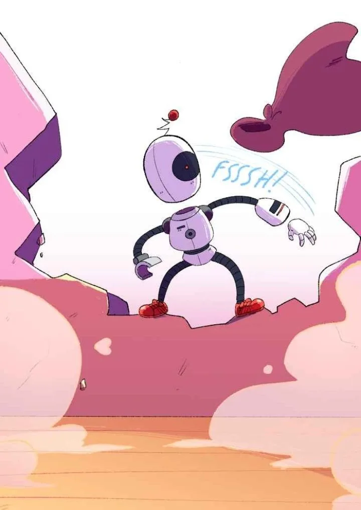 A cartoon robot with a single large eye and red shoes is shown bursting through a pink wall, with motion lines and the sound…