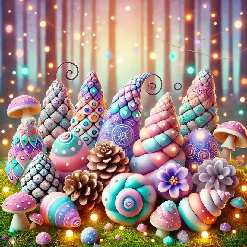 A whimsical, brightly colored fantasy scene features stylized mushrooms, pinecones, and flowers with iridescent, pastel hues…