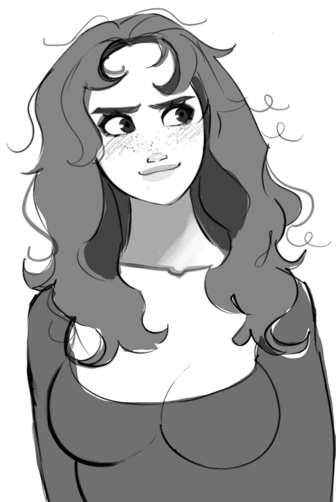 A grayscale cartoon drawing of a woman with long wavy hair, freckles, and a slightly annoyed or unimpressed facial…